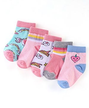 Cute Walk by Babyhug Non Terry Anti Bacterial Ankle Length Socks Unicorn Design Pack of 5 - Pink & White