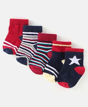 Cutewalk By Babyhug Anti Bacterial Ankle Length Socks Stripes & Star Design Pack Of 5- Navy Blue & Red
