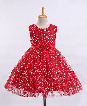 Babyhug Sleeveless Party Frock With Floral Corsage & Foil Stars Print- Red