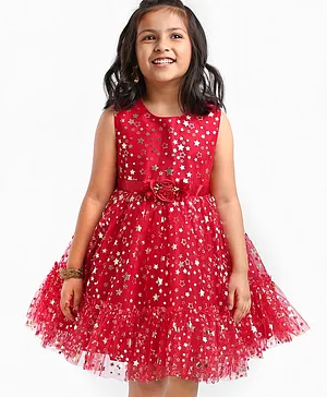 Babyhug Sleeveless Party Frock With Floral Corsage & Foil Stars Print- Red