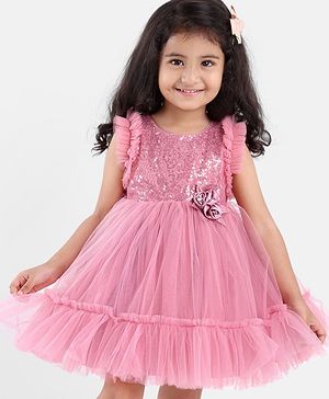 Babyhug Sleeveless Sequined Party Frock with 3D Floral Applique - Dusky Pink