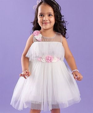 Babyhug Sleeveless Party Frock in Pleated Net with Floral Applique - White