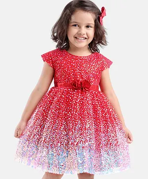 Babyhug Sleeveless Sequined Party Frock with Corsage - Red