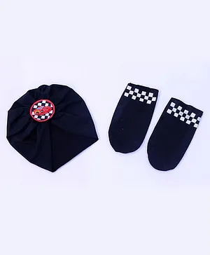 Tipy Tipy Tap Racing Car Design Turban Cap With Socks Set Of 2 - Black