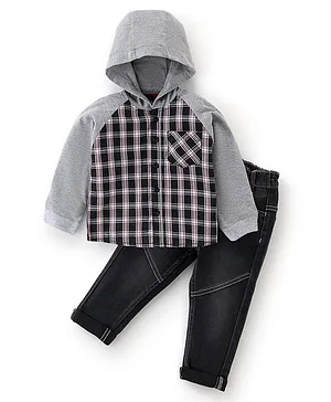 Babyhug Cotton Woven Full Sleeves Checkered Hoodie & Denim Jeans Set - Blue & Black
