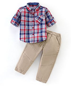 Babyhug 100% Cotton Woven Full Sleeves Checked Shirt & Solid Color Pant - Blue & Beige