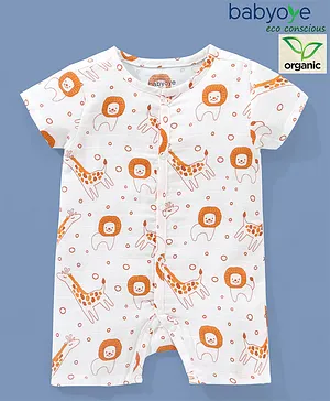 Babyoye 100% Organic Cotton Muslin with Eco Jiva Finish Half Sleeves Rompers Giraffe Print - White