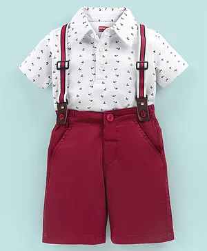 Babyhug 100% Cotton Half Sleeves T-Shirt & Shorts Set with Suspenders Anchors Print - White & Red