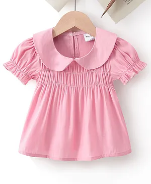 Kookie Kids Half Sleeves Solid Top With Smock Detailing- Pink