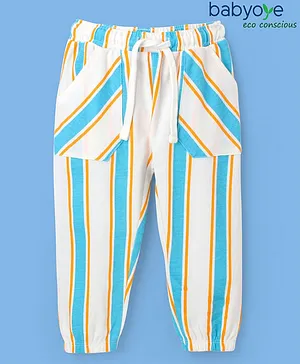 Babyoye 100% Cotton Full Length Striped Lounge Pant - White & Blue