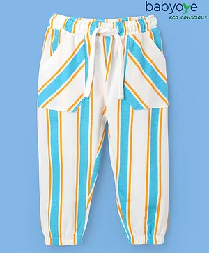 Babyoye 100% Cotton Full Length Striped Lounge Pant - White & Blue