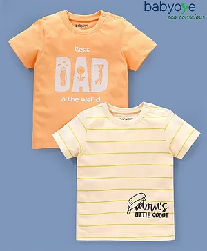 Babyoye 100% Cotton Half Sleeves T-Shirt Stripes & Text Print Pack of 2- Cream & Orange