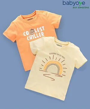 Babyoye 100% Cotton Half Sleeves T-Shirt Text Print Pack of 2- Cream & Orange