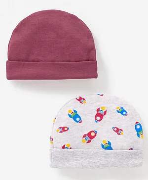 Ben Benny Cotton Cap Rocket Print Pack Of 2 Maroon & Grey - Diameter 9 cm