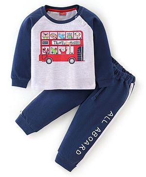 Babyhug 100% Cotton Raglan Sleeves T-Shirt & Lounge Pant Set Bus Print - Blue & White
