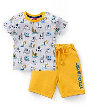 Babyhug 100% Cotton Single Jersey Half Sleeves T-Shirt & Shorts Set Vehicles Print - Grey & Yellow
