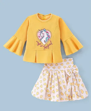 Enfance Full Bell Sleeves Unicorn Printed Peplum Top With Bow Applique Hearts Printed Skirt - Lemon Yellow