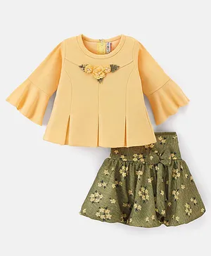 Enfance Full Bell Sleeves Floral Applique Top With Floral Printed Skirt - Lemon Yellow Green
