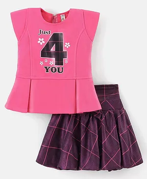 Enfance Short Cap Sleeves Just 4 You Printed Peplum Top With Checkered Lines Detail Skirt - Pink