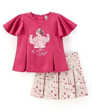 Enfance Flared Short Sleeves Doll Printed Top With Box Pleated & Seamless Text Printed Shorts - Pink