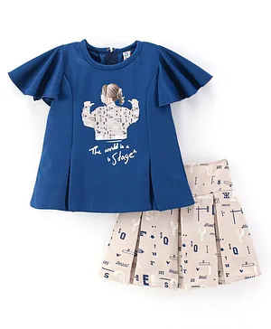 Enfance Flared Short Sleeves Doll Printed Top With Box Pleated & Seamless Text Printed Shorts - Dark Blue