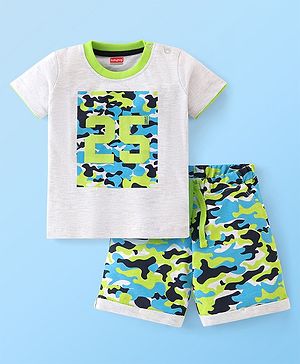 Babyhug Cotton Knit Half Sleeves T-Shirt and Shorts Set Camouflage Print - White & Multicolor