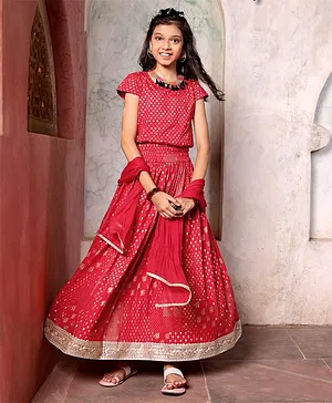 Earthy Touch 100% Cotton Half Sleeves Printed Choli with Lehanga & Dupatta - Red