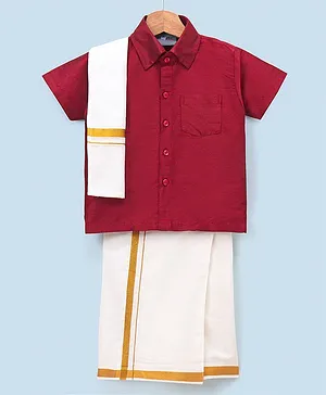 Dapper Dudes Half Sleeves Solid Shirt With Mundu And Angavastram - Maroon