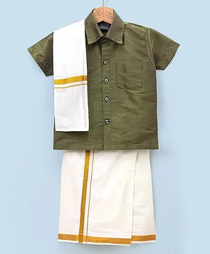Dapper Dudes Half Sleeves Solid Shirt With Mundu And Angavastram - Olive Green