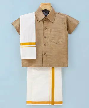 Dapper Dudes Half Sleeves Solid Shirt With Mundu And Angavastram - Fawn