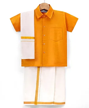 Dapper Dudes Half Sleeves Solid Shirt With Mundu And Angavastram - Orange