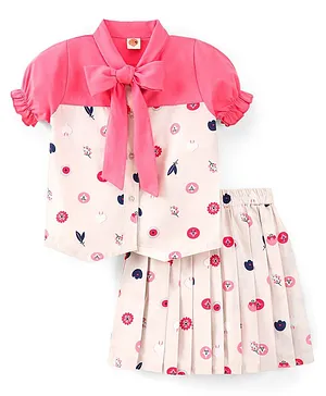 Dew Drops Half Sleeves Top Floral Print Skirt with Bow - Pink & Beige