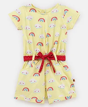Dew Drops Cotton Woven Short Sleeves Clouds Print Jumpsuit - Yellow
