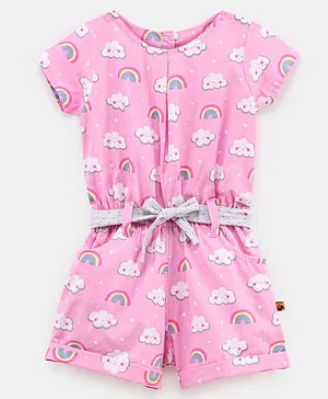 Dew Drops Cotton Woven Short Sleeves Clouds Print Jumpsuit - Pink