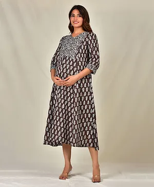 Sevyastore 100% Cotton Three Fourth Sleeves Govinda Leaf Motif Printed Maternity Nursing Kurta Dress With Feeding Zip - Brown