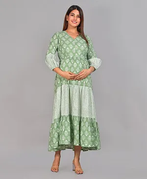 Sevyastore 100% Cotton Three Fourth Sleeves Vrinda Flower Motif Printed Maternity Nursing Kurta Dress With Feeding Zip - Green