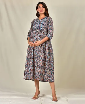 Sevyastore 100% Cotton Three Fourth Sleeves Floral Abstract Printed Maternity Nursing Kurti Dress With Feeding Zip - Blue