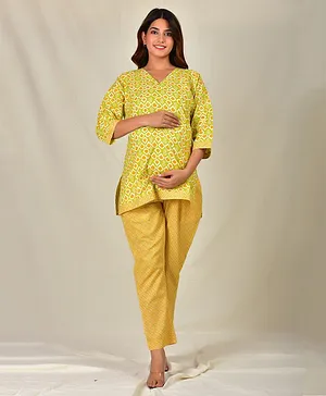 Sevyastore 100% Cotton Three Fourth Sleeves Prabhashmi Printed Maternity Lounge Wear Set - Yellow