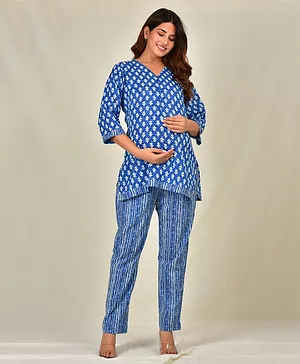 Sevyastore 100% Cotton Three Fourth Sleeves Neel Kanth Printed Maternity Lounge Wear Set - Blue