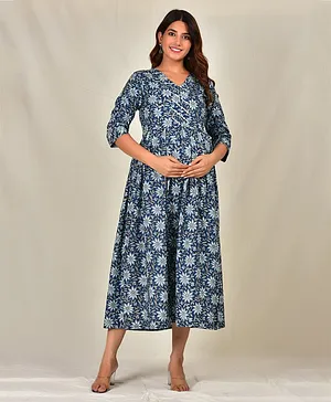 Sevyastore 100% Cotton Three Fourth Sleeves Nidra Printed Maternity Ethnic Dress - Blue
