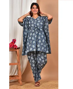 Sevyastore 100% Cotton Three Foiurth Sleeves Nidra Printed Maternity Nursing Kaftan Top And Pajama Set - Blue