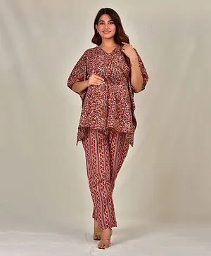 Sevyastore 100% Cotton Three Fourth Sleeves Chinmaya Printed Maternity Lounge Wear Nursing Kurti Top And Pajama Set - Maroon