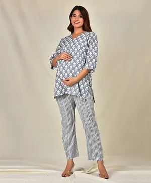 Sevyastore 100% Cotton Nayan Abhirama Printed Maternity Loungewear Nursing Kaftan Top And Pyjama Set - Grey
