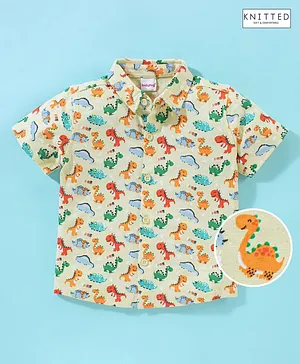 Babyhug 100% Cotton Half Sleeves Knitted Shirt Dino Print - Yellow