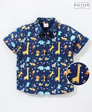 Babyhug 100% Cotton Half Sleeves Knitted Shirt Wild Animals Print - Blue
