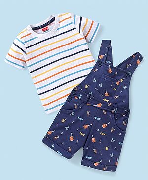 Babyhug Cotton Knit Guitar Printed Dungaree with Half Sleeves Striped T-Shirt Set - Blue & White