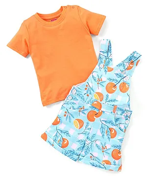 Babyhug 100% Cotton Knit Dungaree and Half Sleeves T-Shirt Set Solid Colour and Fruits Print - Orange & Blue