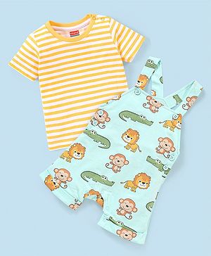 Babyhug 100% Cotton Knit Dungaree and Half Sleeves T-Shirt Set Stripes & Lion Print - Yellow & Light Blue