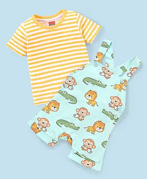 Babyhug 100% Cotton Knit Dungaree and Half Sleeves T-Shirt Set Stripes & Lion Print - Yellow & Light Blue