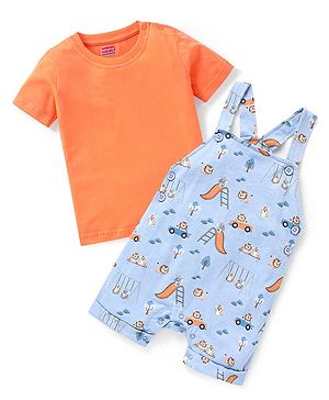 Babyhug 100% Cotton Knit Wild Animals Printed Dungaree with Half Sleeves Solid Colour T-Shirt Set - Orange & Light Blue